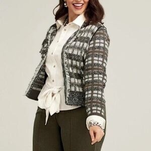 CAbi Womens Cardigan Plaid Fringe Knit Open Front Medium
